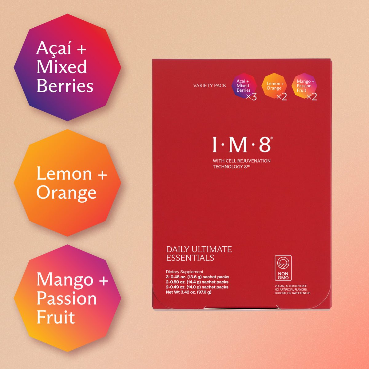 IM8 Daily Ultimate Essentials variety pack with Açaí + Mixed Berries, Lemon + Orange and Mango + Passion Fruit sachets