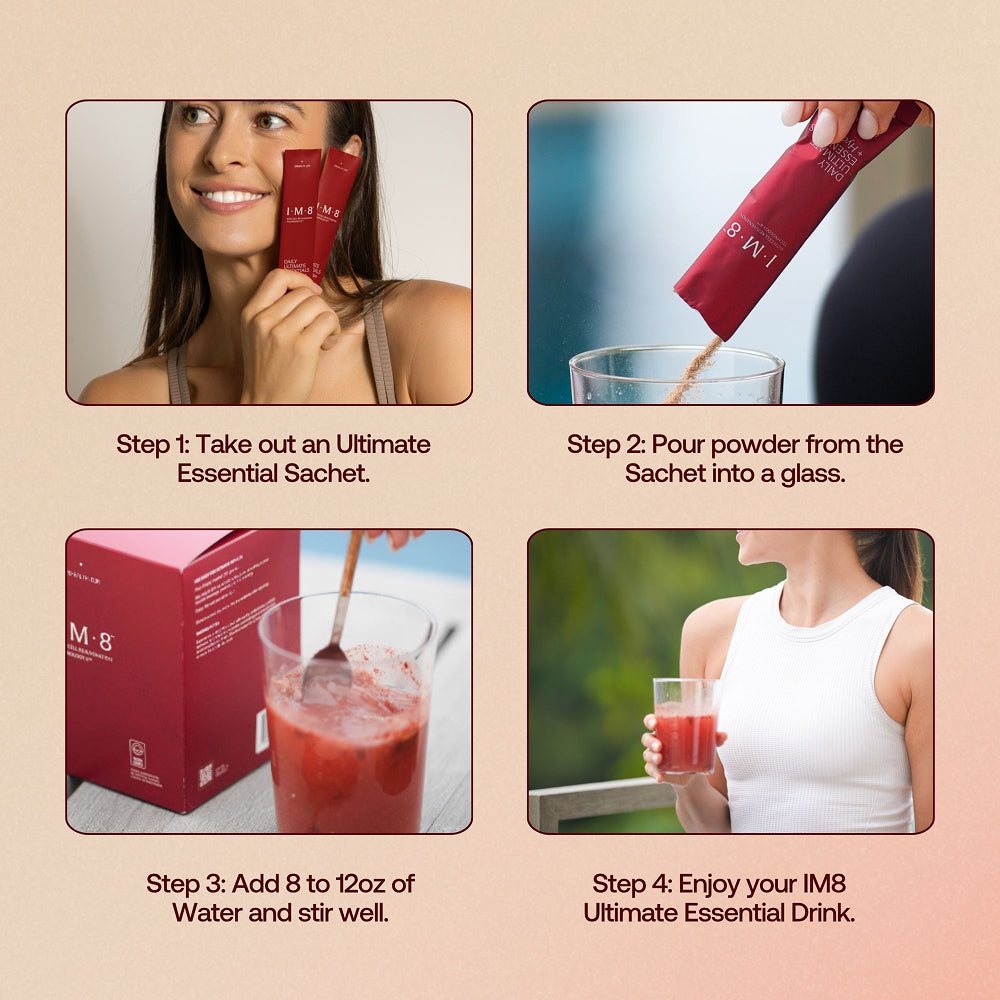 How to use IM8: take out a sachet, pour the powder into a glass, add 8 to 12 oz of water and stir, then enjoy