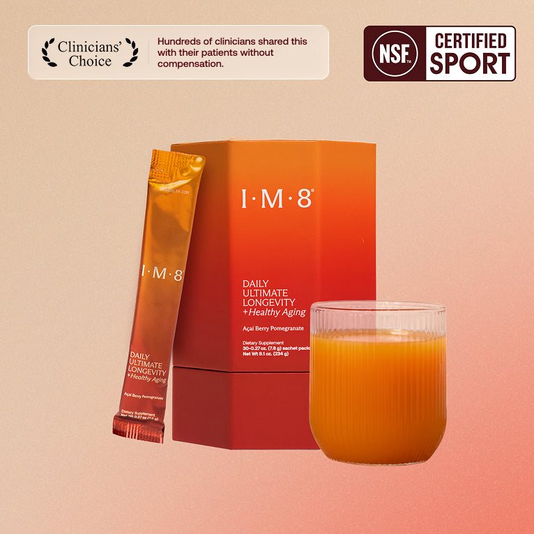 IM8 Daily Ultimate Longevity box, sachet and prepared glass