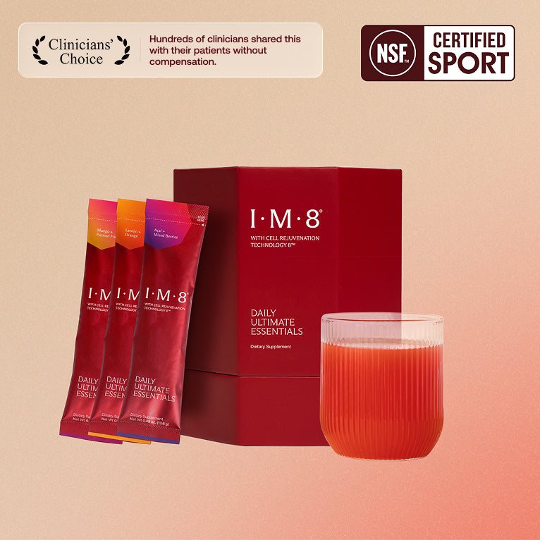 Daily Ultimate Essentials box with three flavor sachets and a prepared glass