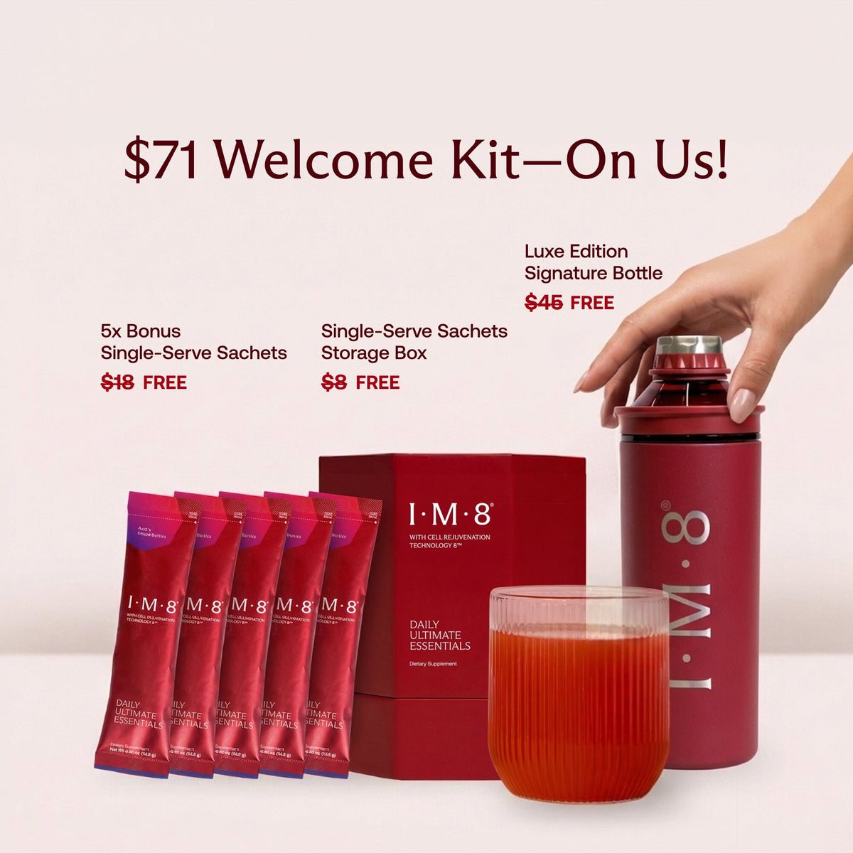 IM8 welcome kit: five bonus single-serve sachets, a sachet storage box and the Luxe Edition signature bottle, free with subscription